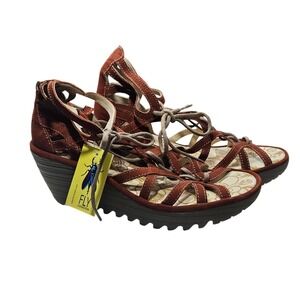 New Fly London Gladiator Cutout Wedge Sandals 8.5 39 Brown LaceUp Suede Open Toe
